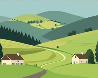 Rolling green hills and farmland representing a countryside escape