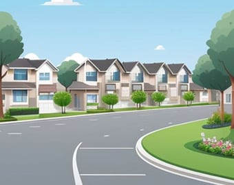 Suburban street with nearby shops and parks representing suburban amenities