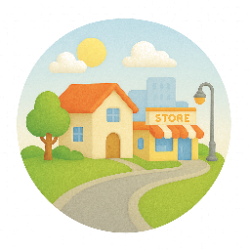 Suburban street with nearby shops and parks representing suburban amenities