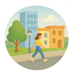 Walkable urban street with cafes and shops representing an urban walkable lifestyle